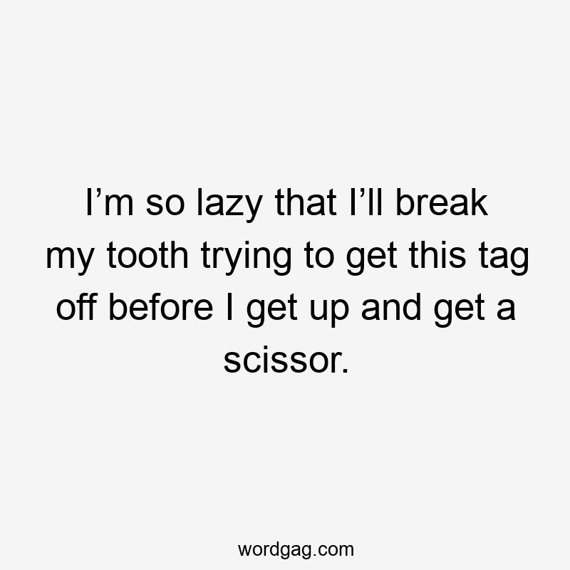 I’m so lazy that I’ll break my tooth trying to get this tag off before I get up and get a scissor.