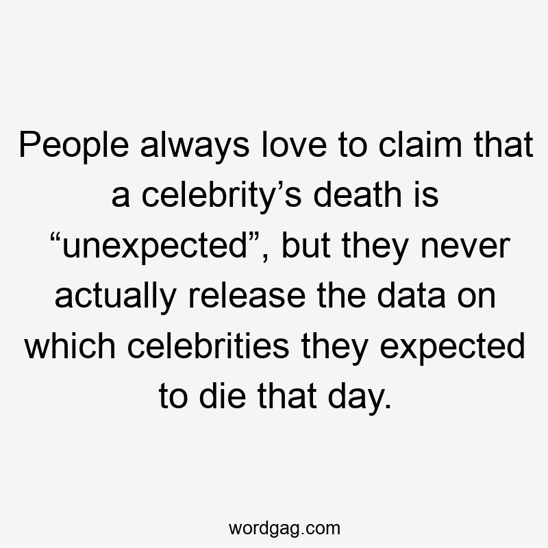 People always love to claim that a celebrity’s death is “unexpected”, but they never actually release the data on which celebrities they expected to die that day.