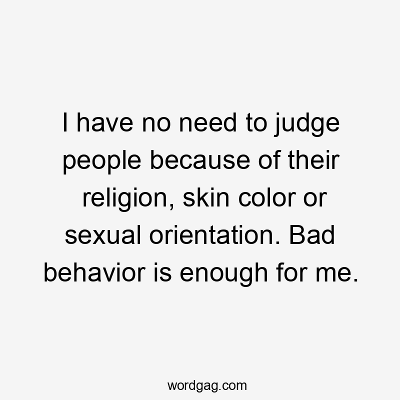 I have no need to judge people because of their religion, skin color or sexual orientation. Bad behavior is enough for me.