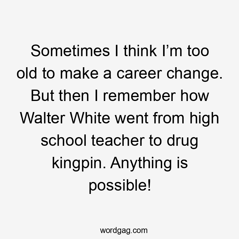 Sometimes I think I’m too old to make a career change. But then I remember how Walter White went from high school teacher to drug kingpin. Anything is possible!