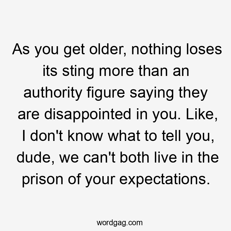 As you get older, nothing loses its sting more than an authority figure saying they are disappointed in you. Like, I don't know what to tell you, dude, we can't both live in the prison of your expectations.