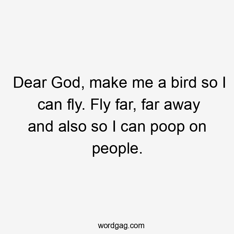 Dear God, make me a bird so I can fly. Fly far, far away and also so I can poop on people.