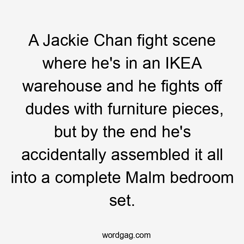 A Jackie Chan fight scene where he's in an IKEA warehouse and he fights off dudes with furniture pieces, but by the end he's accidentally assembled it all into a complete Malm bedroom set.