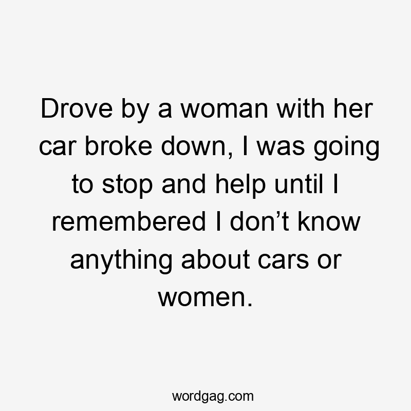 Drove by a woman with her car broke down, I was going to stop and help until I remembered I don’t know anything about cars or women.