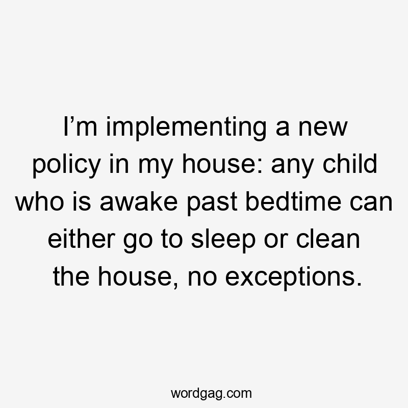 I’m implementing a new policy in my house: any child who is awake past bedtime can either go to sleep or clean the house, no exceptions.