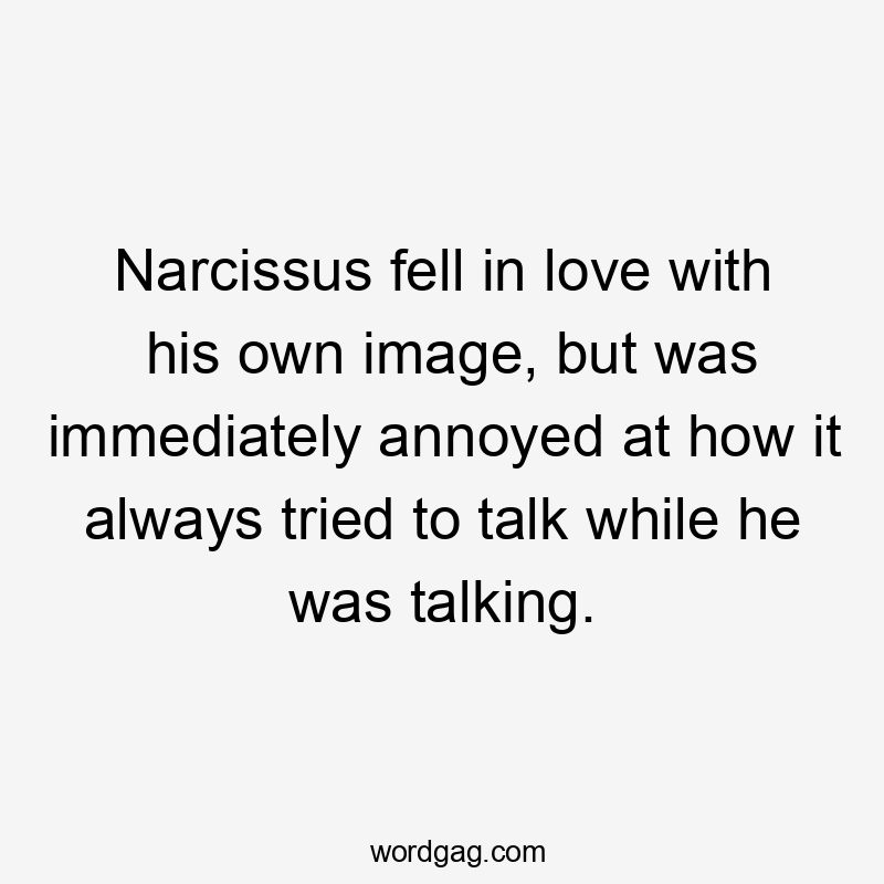 Narcissus fell in love with his own image, but was immediately annoyed at how it always tried to talk while he was talking.