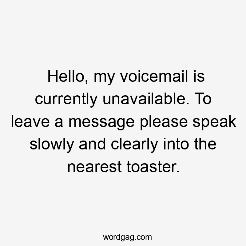 Hello, my voicemail is currently unavailable. To leave a message please speak slowly and clearly into the nearest toaster.