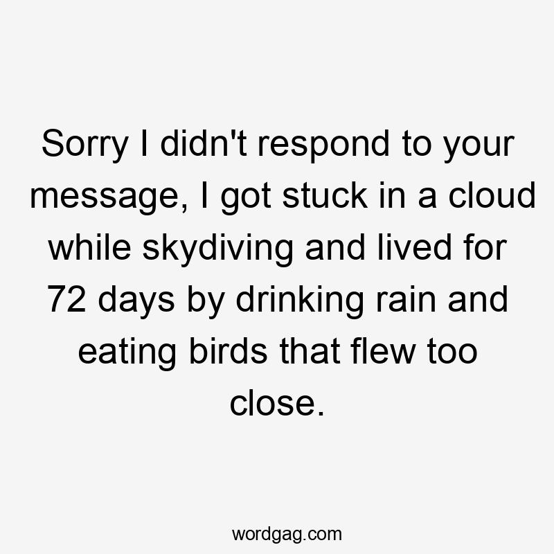 Sorry I didn't respond to your message, I got stuck in a cloud while skydiving and lived for 72 days by drinking rain and eating birds that flew too close.