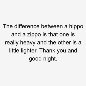 The difference between a hippo and a zippo is that one is really heavy and the other is a little lighter. Thank you and good night.