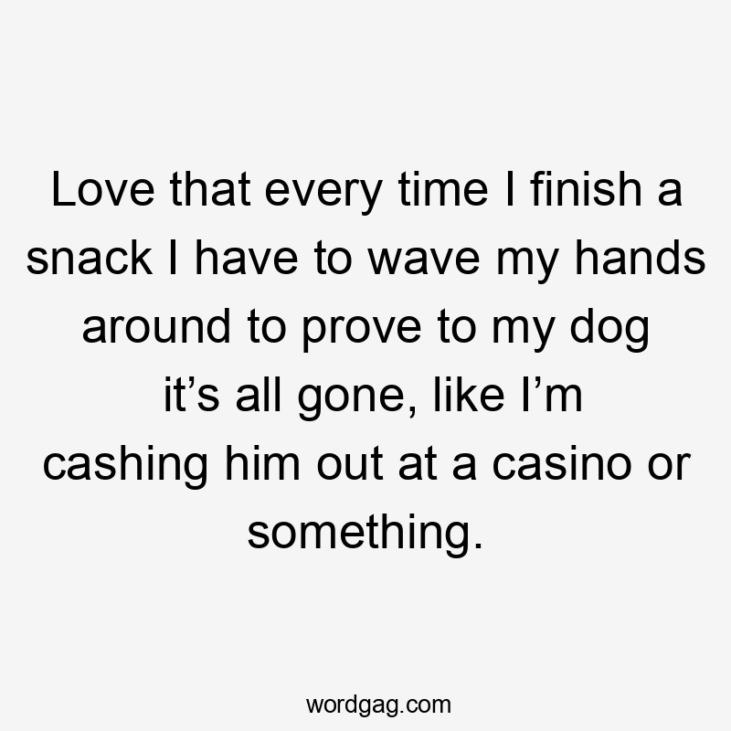 Love that every time I finish a snack I have to wave my hands around to prove to my dog it’s all gone, like I’m cashing him out at a casino or something.