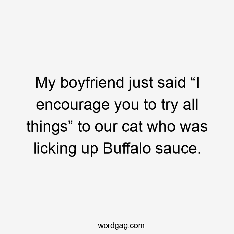 My boyfriend just said “I encourage you to try all things” to our cat who was licking up Buffalo sauce.