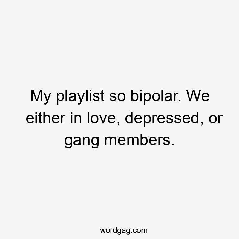 My playlist so bipolar. We either in love, depressed, or gang members.