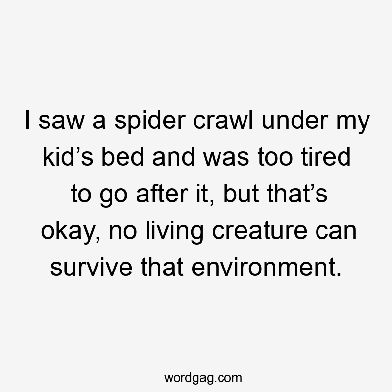 I saw a spider crawl under my kid’s bed and was too tired to go after it, but that’s okay, no living creature can survive that environment.