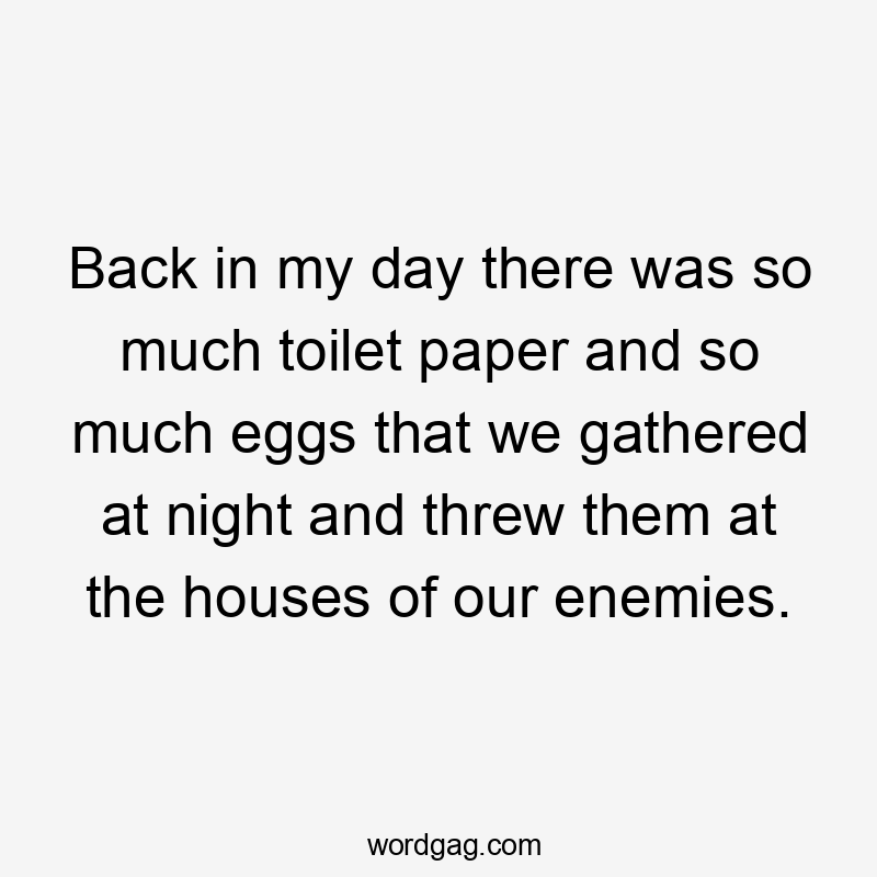 Back in my day there was so much toilet paper and so much eggs that we gathered at night and threw them at the houses of our enemies.