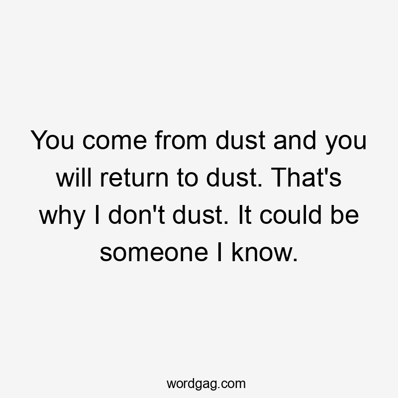 You come from dust and you will return to dust. That's why I don't dust. It could be someone I know.