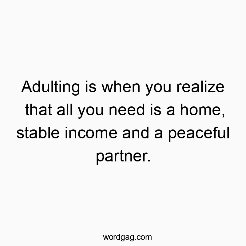 Adulting is when you realize that all you need is a home, stable income and a peaceful partner.