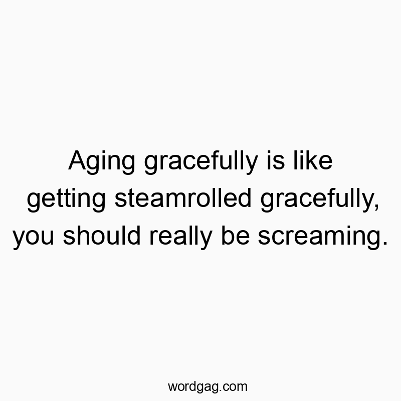 Humorous text about aging, comparing it to a humorous, slightly chaotic experience with a playful vibe.