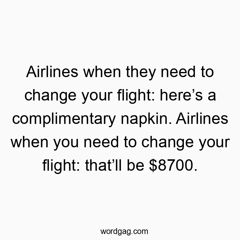Airlines when they need to change your flight: hereโs a complimentary napkin. Airlines when you need to change your flight: thatโll be $8700.