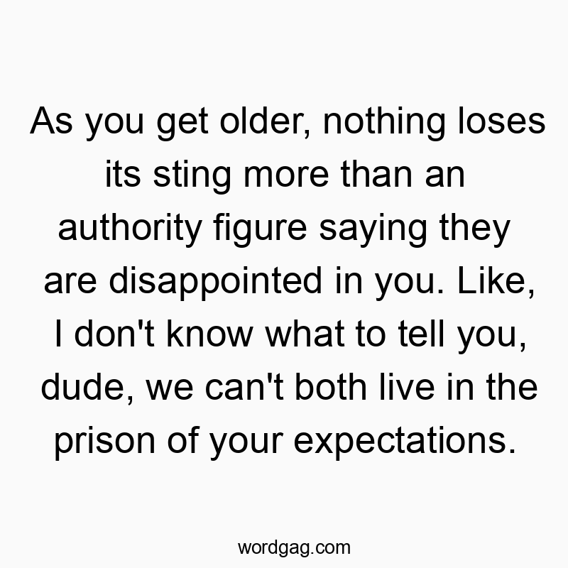As you get older, nothing loses its sting more than an authority figure saying they are disappointed in you. Like, I don’t know what to tell you, dude, we can’t both live in the prison of your expectations.