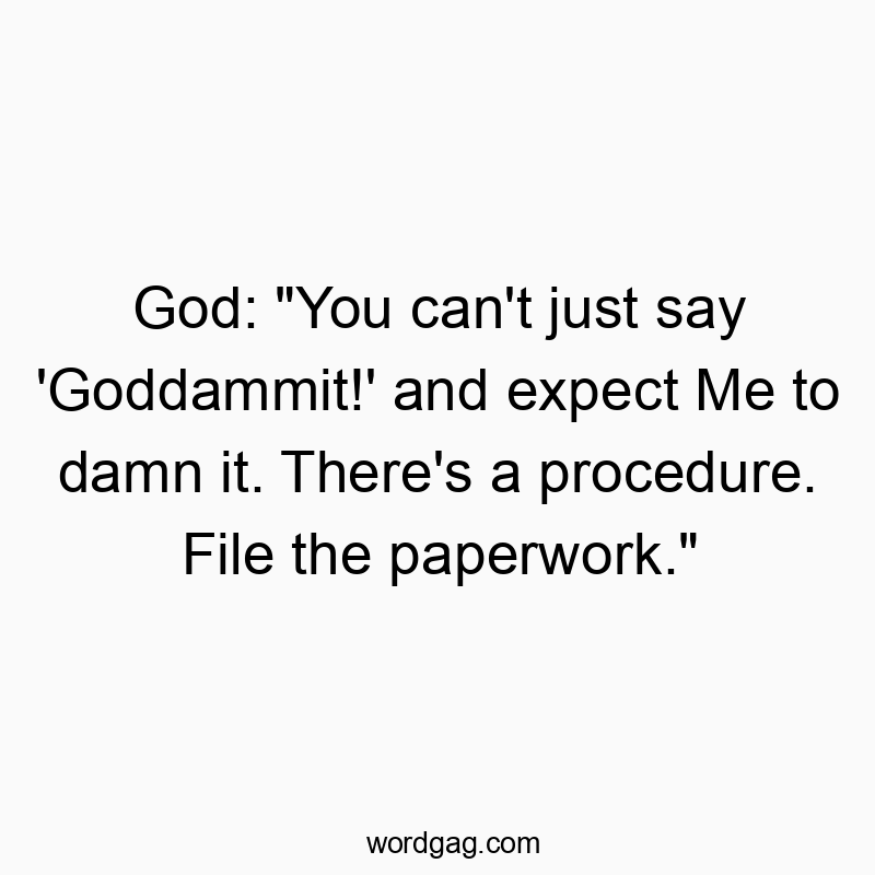 God: “You can’t just say ‘Goddammit!’ and expect Me to damn it. There’s a procedure. File the paperwork.”