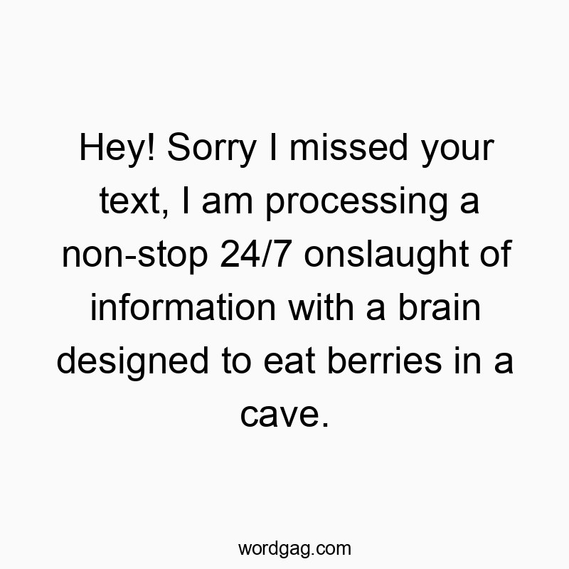 Hey! Sorry I missed your text, I am processing a non-stop 24/7 onslaught of information with a brain designed to eat berries in a cave.