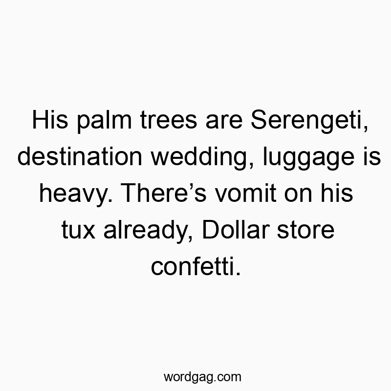 His palm trees are Serengeti, destination wedding, luggage is heavy. Thereโs vomit on his tux already, Dollar store confetti.