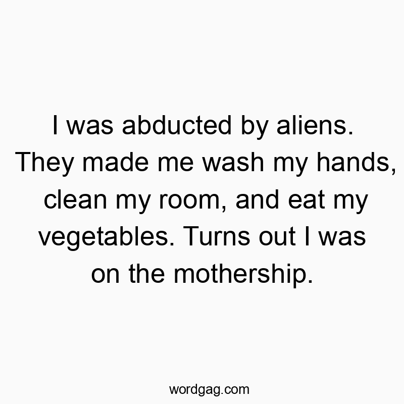 I was abducted by aliens. They made me wash my hands, clean my room, and eat my vegetables. Turns out I was on the mothership.