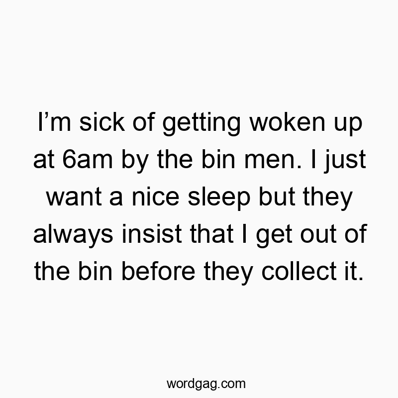 I’m sick of getting woken up at 6am by the bin men. I just want a nice sleep but they always insist that I get out of the bin before they collect it.