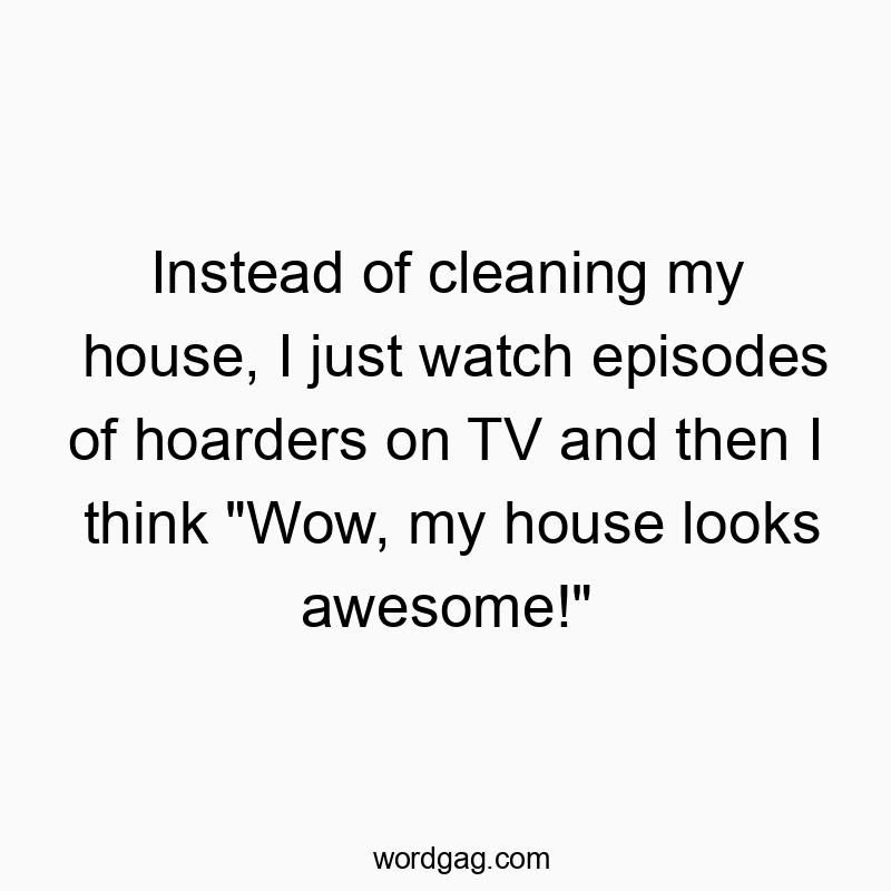 Funny quote about avoiding chores by watching hoarder TV and feeling proud of your messy house.