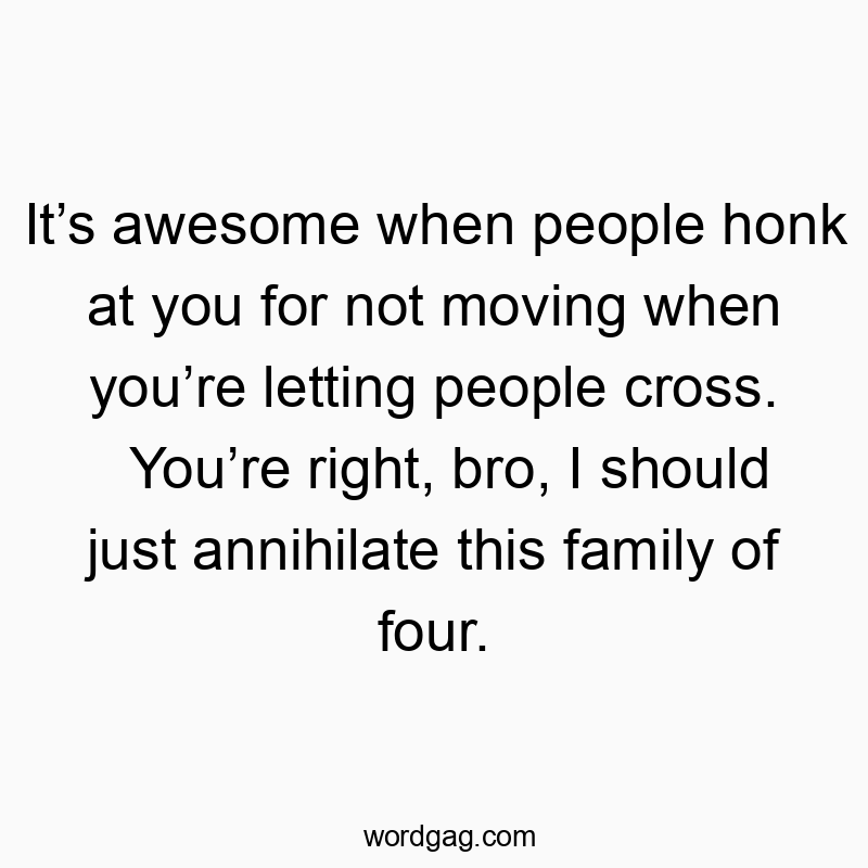 It’s awesome when people honk at you for not moving when you’re letting people cross. You’re right, bro, I should just annihilate this family of four.