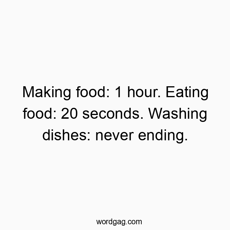 Making food: 1 hour. Eating food: 20 seconds. Washing dishe…