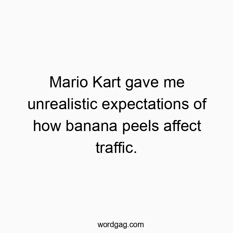 Humorous text about Mario Kart misjudging real-life banana peel hazards.