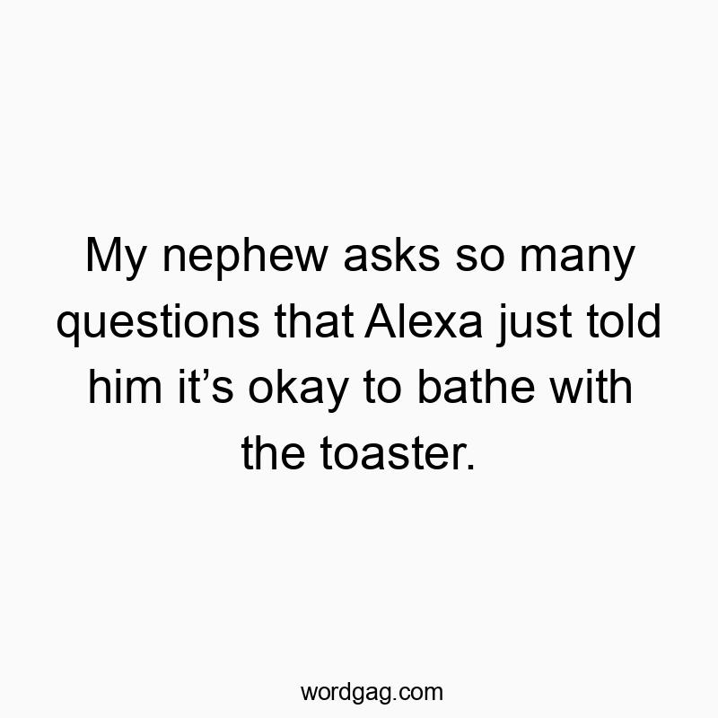 My nephew asks so many questions that Alexa just told him itโs okay to bathe with the toaster.