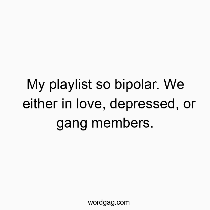 My playlist so bipolar. We either in love, depressed, or gang members.