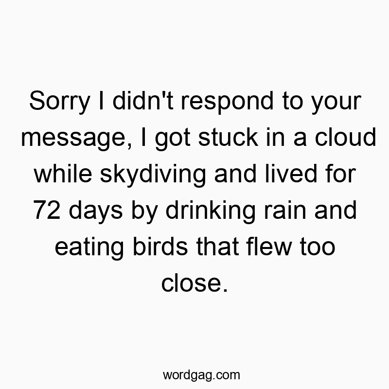 Sorry I didn’t respond to your message, I got stuck in a cloud while skydiving and lived for 72 days by drinking rain and eating birds that flew too close.
