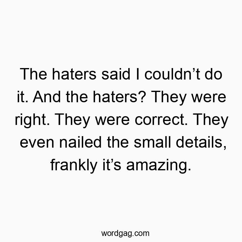 The haters said I couldn’t do it. And the haters? They were right. They were correct. They even nailed the small details, frankly it’s amazing.