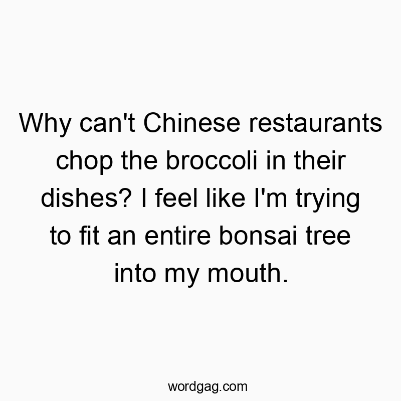 Why can’t Chinese restaurants chop the broccoli in their dishes? I feel like I’m trying to fit an entire bonsai tree into my mouth.