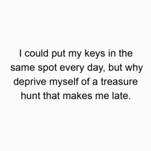 I could put my keys in the same spot every day, but why deprive myself of a treasure hunt that makes me late.