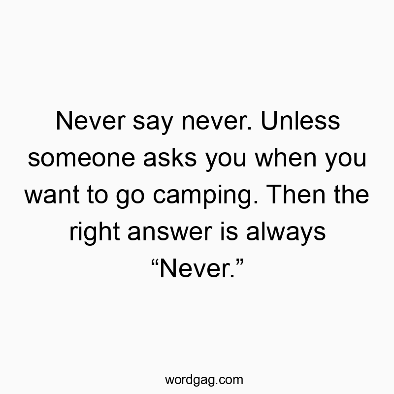 Never say never. Unless someone asks you when you want to go camping. Then the right answer is always “Never.”