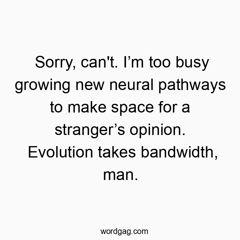 Sorry, can't. I’m too busy growing new neural pathways to make space for a stranger’s opinion. Evolution takes bandwidth, man.