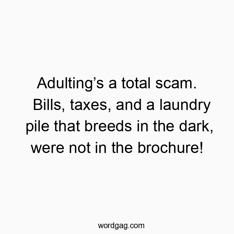 Adulting’s a total scam. Bills, taxes, and a laundry pile that breeds in the dark, were not in the brochure!