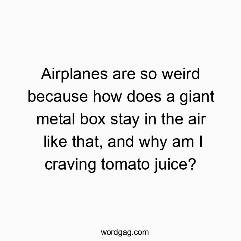 Airplanes are so weird because how does a giant metal box stay in the air like that, and why am I craving tomato juice?