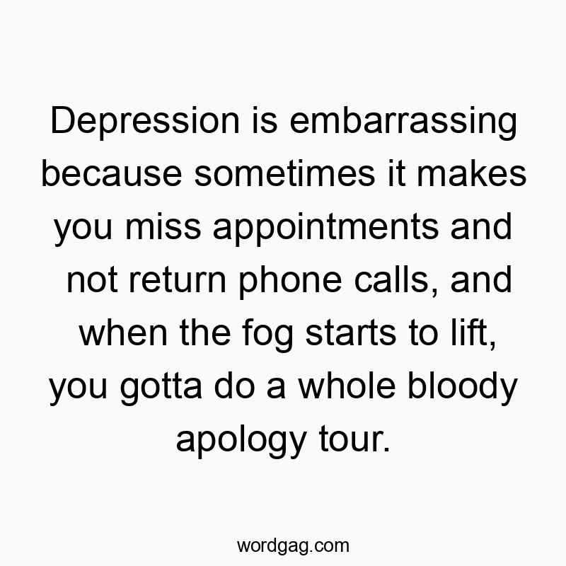 Depression is embarrassing because sometimes it makes you miss appointments and not return phone calls, and when the fog starts to lift, you gotta do a whole bloody apology tour.