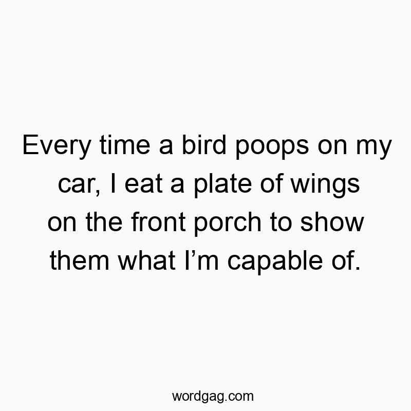 Funny animal behavior quotes - Every time a bird poops on my car, I eat a plate of wings on the front porch to show them what I’m capable of.
