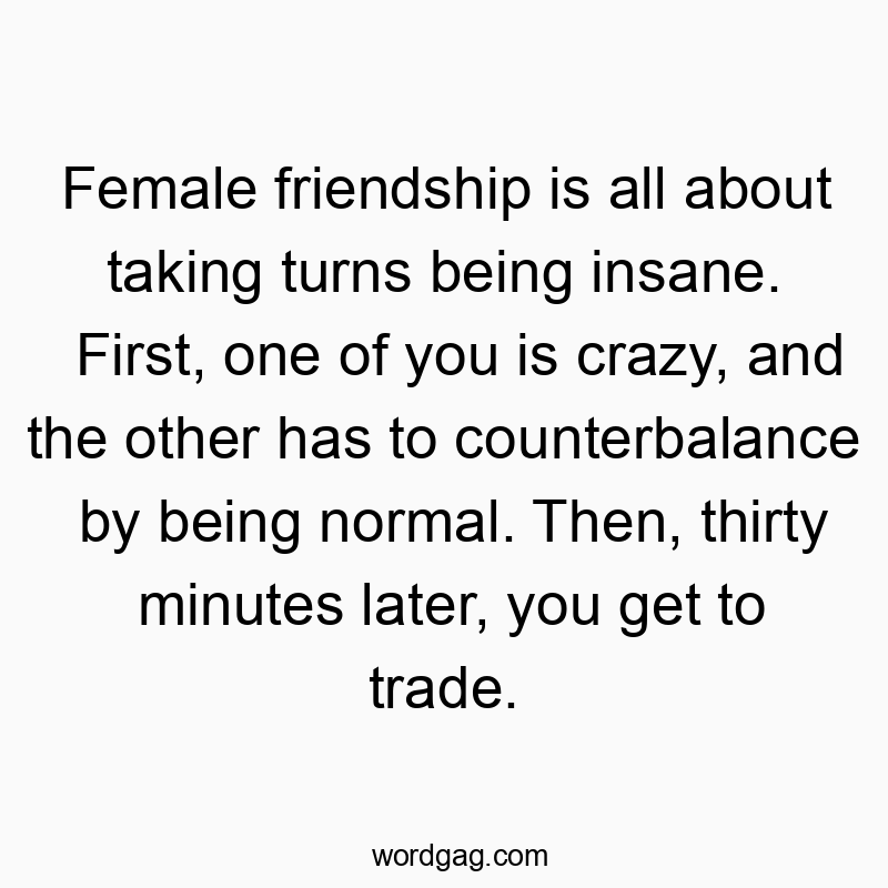Female friendship is all about taking turns being insane. First, one of you is crazy, and the other has to counterbalance by being normal. Then, thirty minutes later, you get to trade.