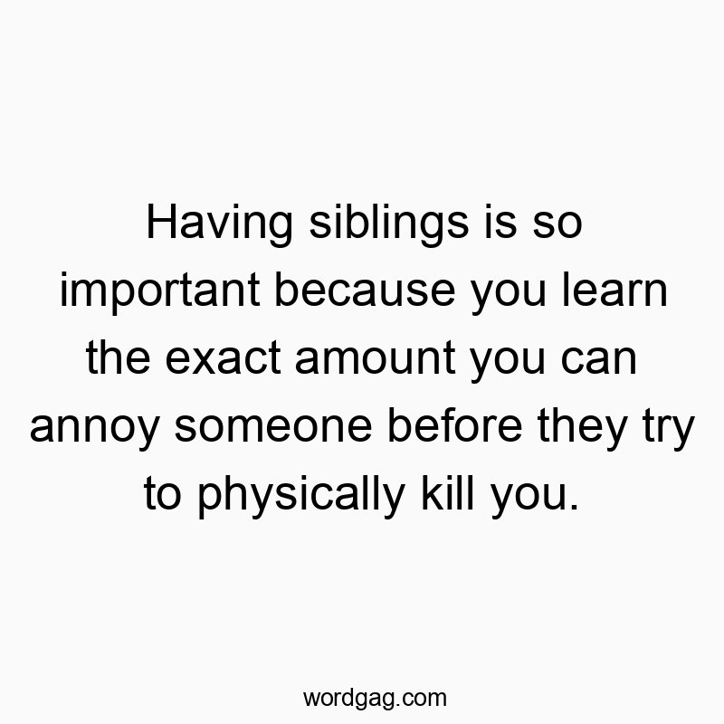 Having siblings is so important because you learn the exact amount you can annoy someone before they try to physically kill you.