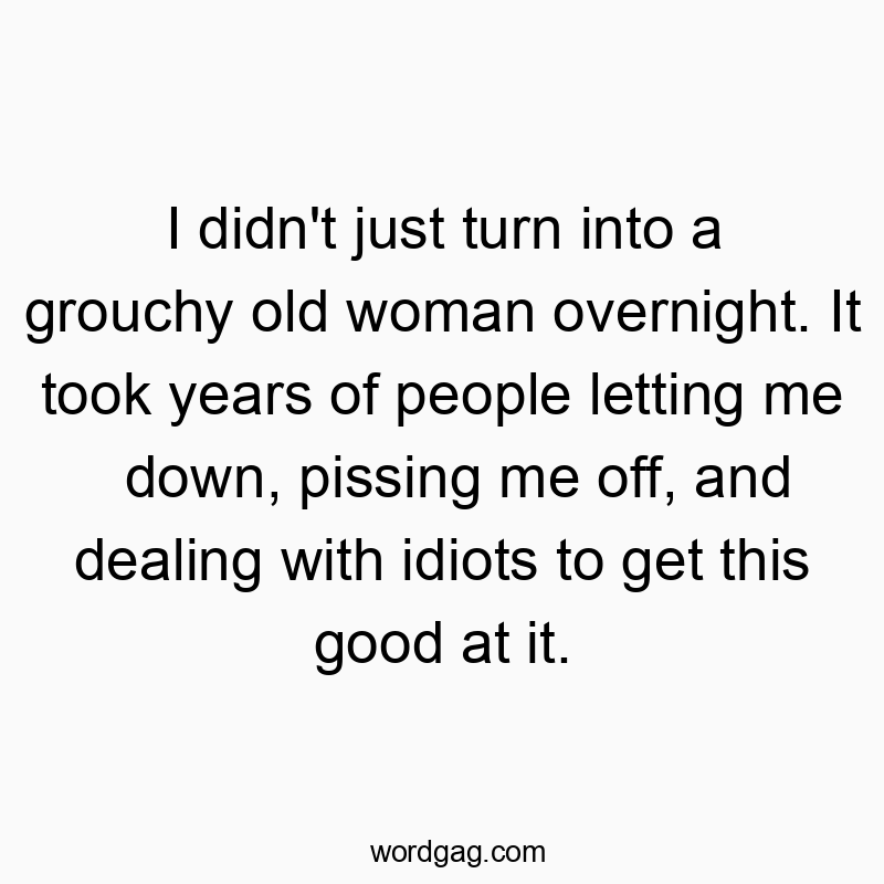 I didn’t just turn into a grouchy old woman overnight. It took years of people letting me down, pissing me off, and dealing with idiots to get this good at it.