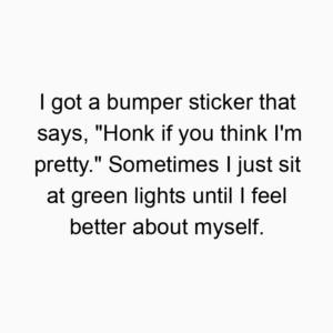 I got a bumper sticker that says, “Honk if you think I’m pretty.” Sometimes I just sit at green lights until I feel better about myself.