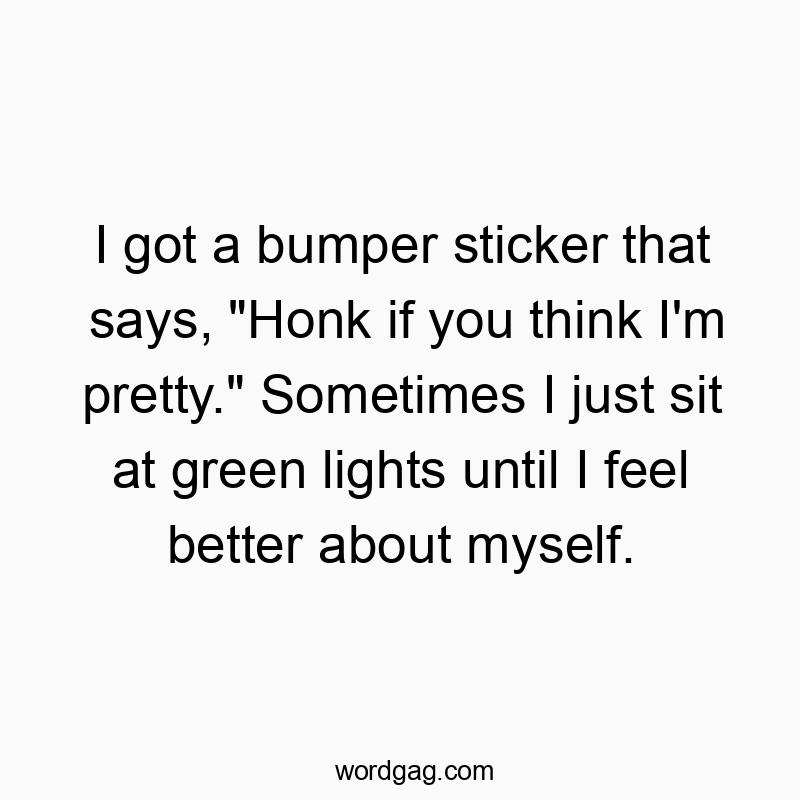 I got a bumper sticker that says, “Honk if you think I’m pretty.” Sometimes I just sit at green lights until I feel better about myself.