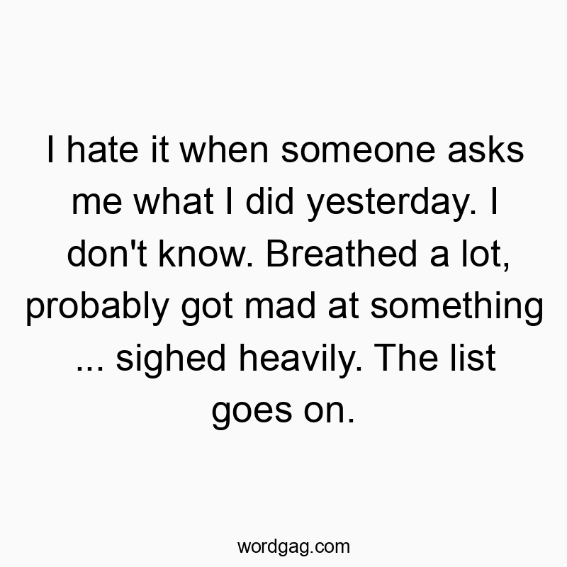 I hate it when someone asks me what I did yesterday. I don’t know. Breathed a lot, probably got mad at something … sighed heavily. The list goes on.